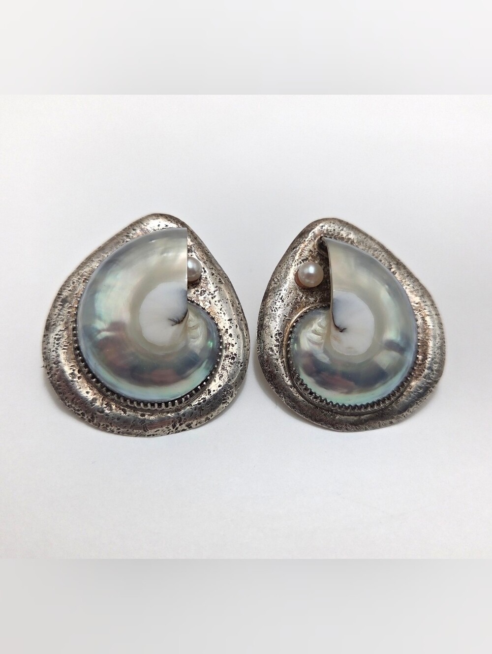 Vintage Sterling Silver Nautilus Shell Pearl Earrings